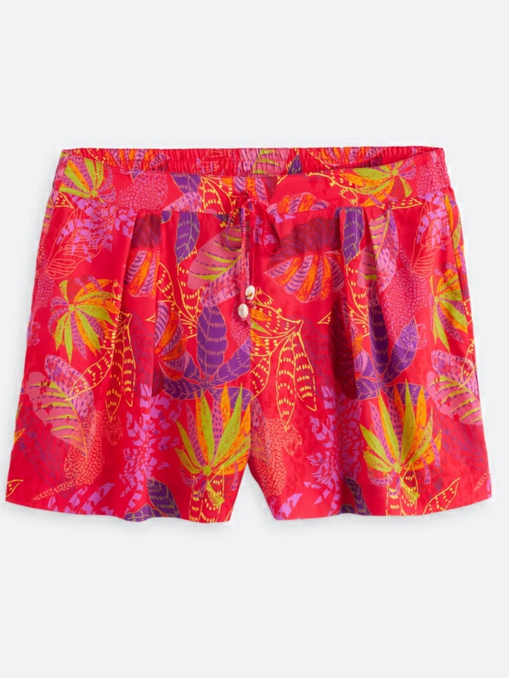 NWT Tribal Linen-Blend Red Tropical Leaf High-Waist Pleated Front Women's Shorts